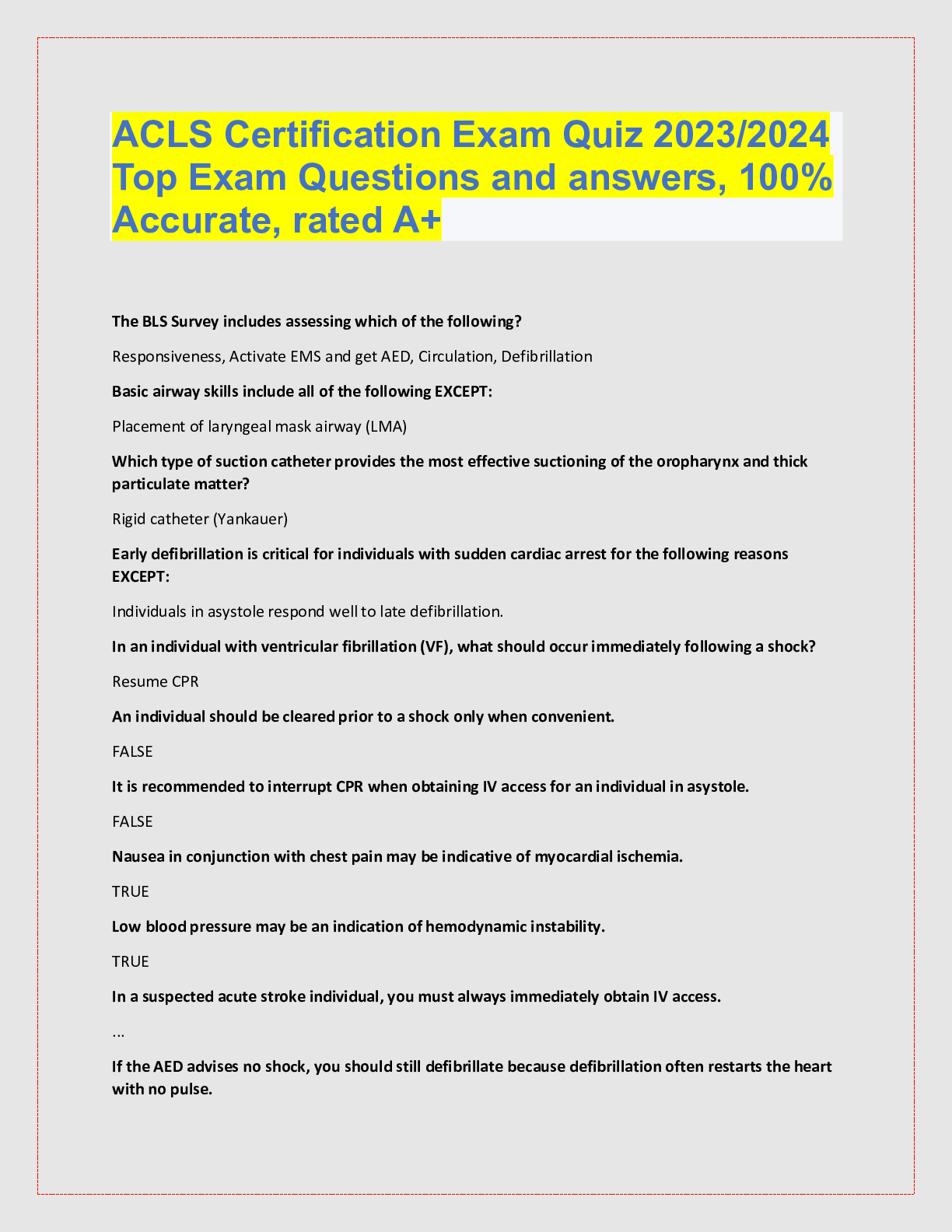 Preview image for ACLS Certification Exam Quiz 2023/2024  Top Exam Questions and answers, 100%  Accurate, rated A+
